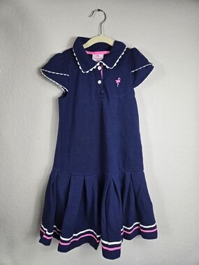 Tommy Bahama Girls Navy Nautical Polo Dress Pink Flamingo Preppy Pleated Size 7